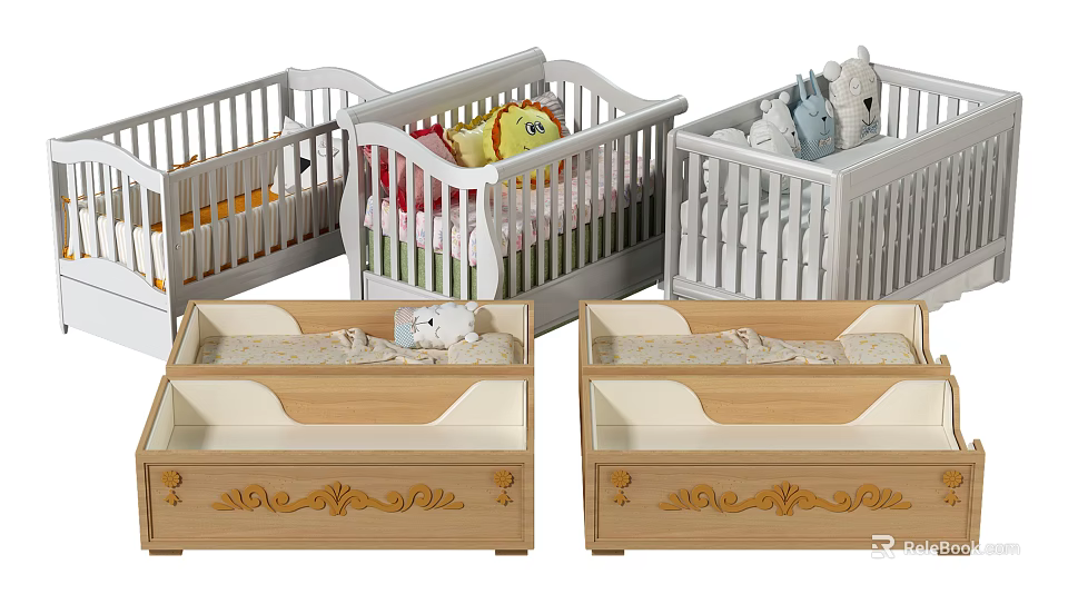 Various Design Children's Beds With Wooden Frames White Rails Storage Drawers And Stuffed Toys 3d model 