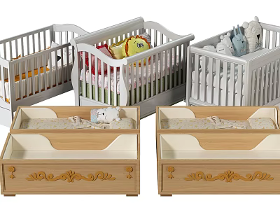 Various Design Children's Beds With Wooden Frames White Rails Storage Drawers And Stuffed Toys 3d model
