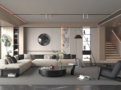 Modern Living Room Interior With Sectional Sofa Round Coffee Table Floor Lamp And Decorative Wall Art 3d model
