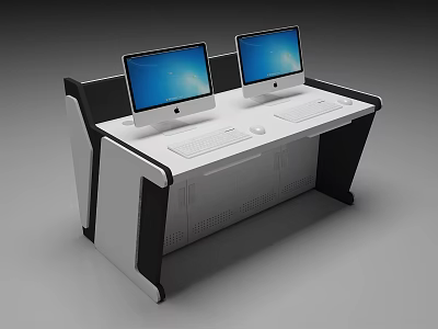 Modern Office Desk With Two Apple iMac Monitors White Desktop And Black Frame 3d model