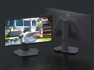 Dell Monitors With Dual Screen Display Showing Outdoor Scene And Modern Stand Design 3d model