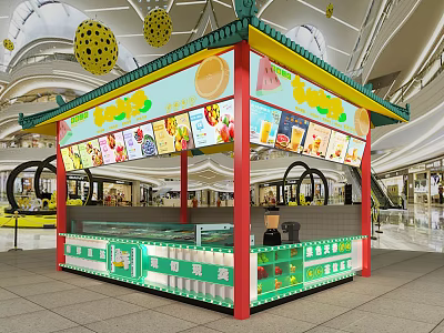 Colorful Fruit Stall in Shopping Mall with Fresh Fruits Display Glass Cases and Yellow Decorations 3d model