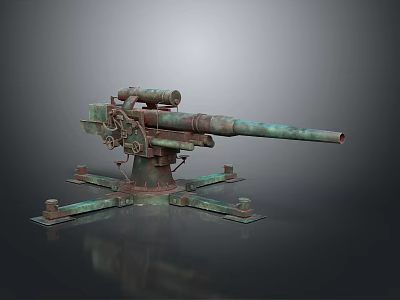 Vintage Rusted Military Cannon With Mounted Barrel And Metal Support Base 3d model