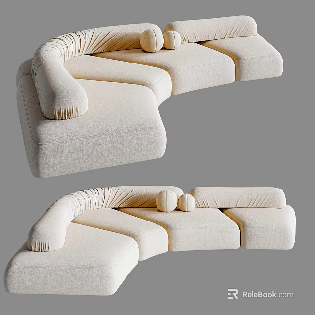 Cream Fabric Three Seater Sofa With Curved Design And Soft Cushions 3d model 