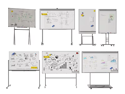 Hand Drawn Musical Instruments And Art Supplies On Easel Stand Whiteboards With Various Designs 3d model