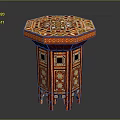 Decorative Red Octagonal Side Table With Intricate Inlaid Patterns And Carved Legs 3d model