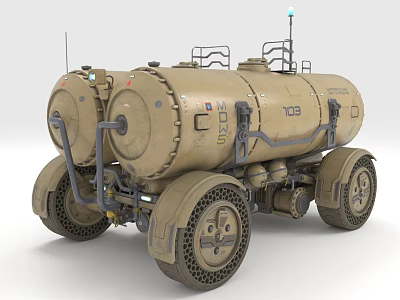 Khaki Utility Vehicle With Dual Tank Structure Multiple Wheels And Top Railings 3d model