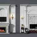 Elegant Modern Sofa Background Wall With Marble Panel Fireplace TV And Wall Sconces 3d model