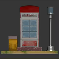 Scene With Red Roof Glass Telephone Booth Street Lamp Trash Can On Sandy Grass Ground