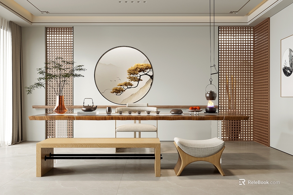 Traditional Chinese Tea Room With Long Wooden Table Round Landscape Painting Bamboo Lattice Screens And Tea Sets 3d model 
