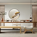 Traditional Chinese Tea Room With Long Wooden Table Round Landscape Painting Bamboo Lattice Screens And Tea Sets