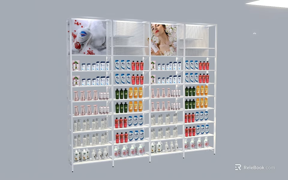White Multi Layer Display Shelf with Various Organized Products for Retail Store 3d model
