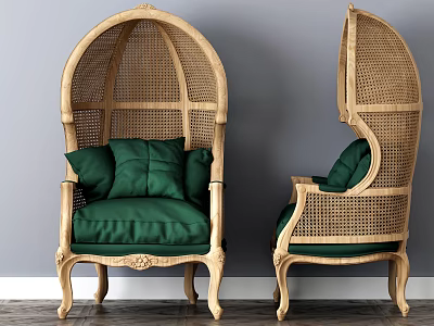 Elegant Single Sofa With Rattan Design Green Cushions And Wooden Frame 3d model
