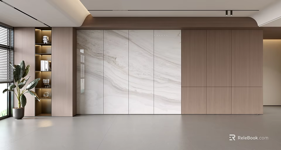 Modern Sofa Backdrop Wall Interior Design With Marble Texture And Wooden Cabinets 3d model