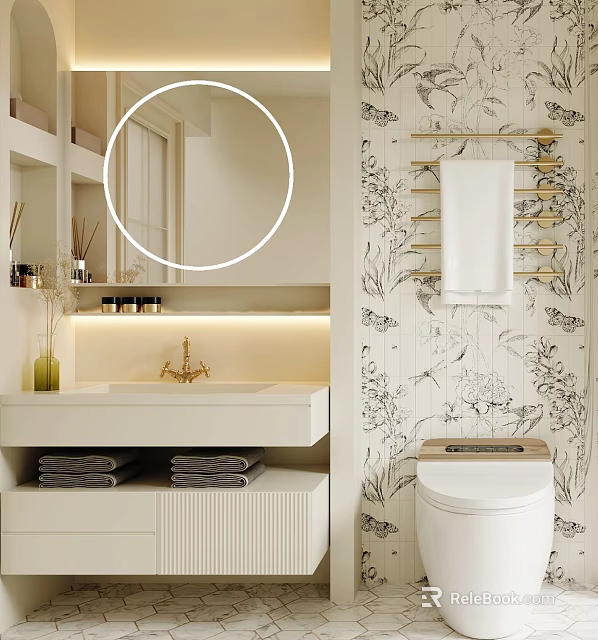 Modern Minimalist Bathroom Cabinet With Round Mirror Storage Towel Rack And Floral Tiles 3d model 