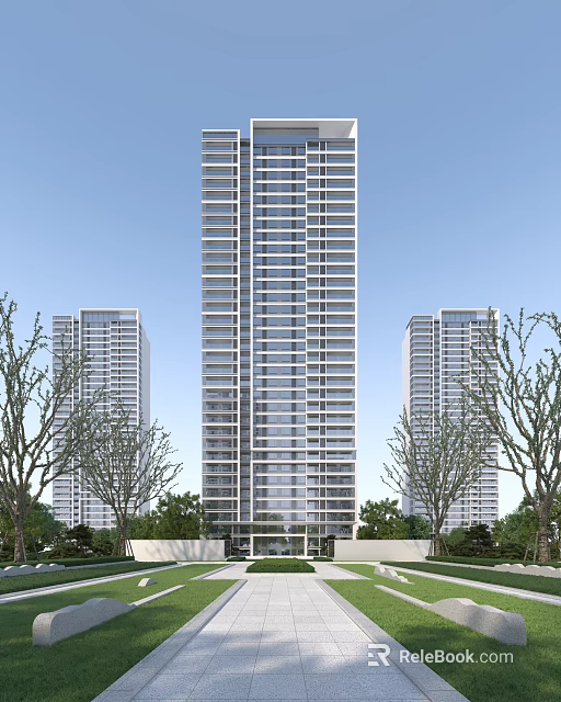 High rise Modern Residential Building With Greenery Trees And Clear Sky View 3d model 