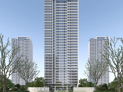 High rise Modern Residential Building With Greenery Trees And Clear Sky View 3d model
