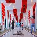 Red Lanterns and Character Banners as Hanging Decorations in Corridor with White Columns and People