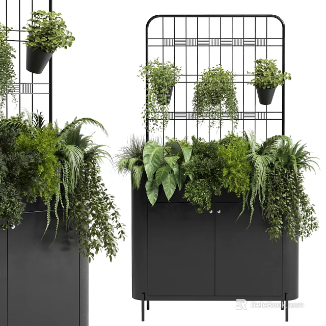 Bonsai Potted Plants Display With Lush Green Foliage In Black Cabinet And Metal Rack 3d model 