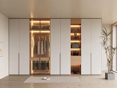 Modern Wardrobe Interior Design With Hanging Rods Storage Shelves And Built In Lighting 3d model
