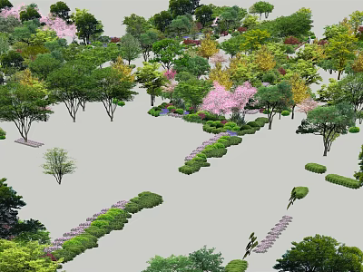 Various Flowering Arbor Trees In Garden Landscape With Green Shrubs And Pathways 3d model