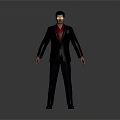 3D Game Movie Character In Black Suit Red Shirt With Yellow Glasses And Gray Background