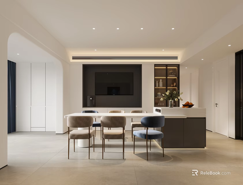 Modern Restaurant Interior With Open Design Dining Table Chairs Marble Counter And Lighting 3d model