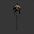 Traditional Decorative Weapon With Long Curved Handle Green Yellow Feather Decoration And Metal Ring