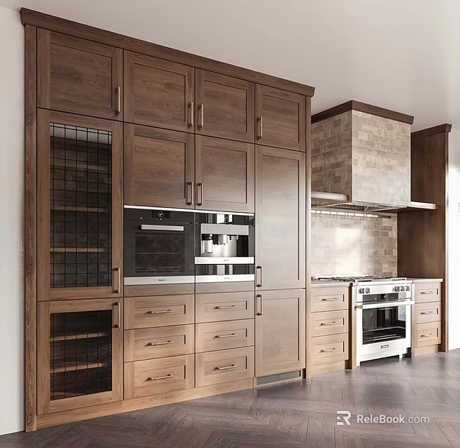 Elegant Wooden Kitchen Cabinets With Glass Door Built in Appliances And Brick Backsplash 3d model 
