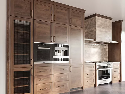 Elegant Wooden Kitchen Cabinets With Glass Door Built in Appliances And Brick Backsplash 3d model