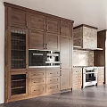 Elegant Wooden Kitchen Cabinets With Glass Door Built in Appliances And Brick Backsplash