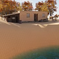 Desert Adobe House With Autumn Trees Wooden Barrels And Tools Under Cloudy Sky