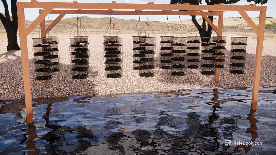 Aquatic Animals In Hanging Black Cages Under Wooden Frame Over Water With Sandy Ground 3d model 