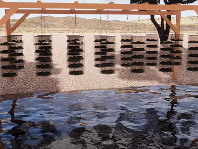 Aquatic Animals In Hanging Black Cages Under Wooden Frame Over Water With Sandy Ground 3d model