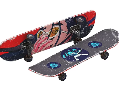 Two Stylish Skateboards With Red Black Gray Designs And Durable Wheels 3d model