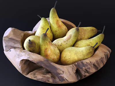 Fresh Ripe Pears Placed in Natural Wooden Bowl with Rustic Design 3d model