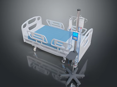Hospital Bed With White Frame Blue Mattress Side Monitor And Wheels 3d model