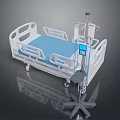 Hospital Bed With White Frame Blue Mattress Side Monitor And Wheels