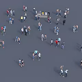 People Standing And Walking Scattered In Various Positions On Gray Background