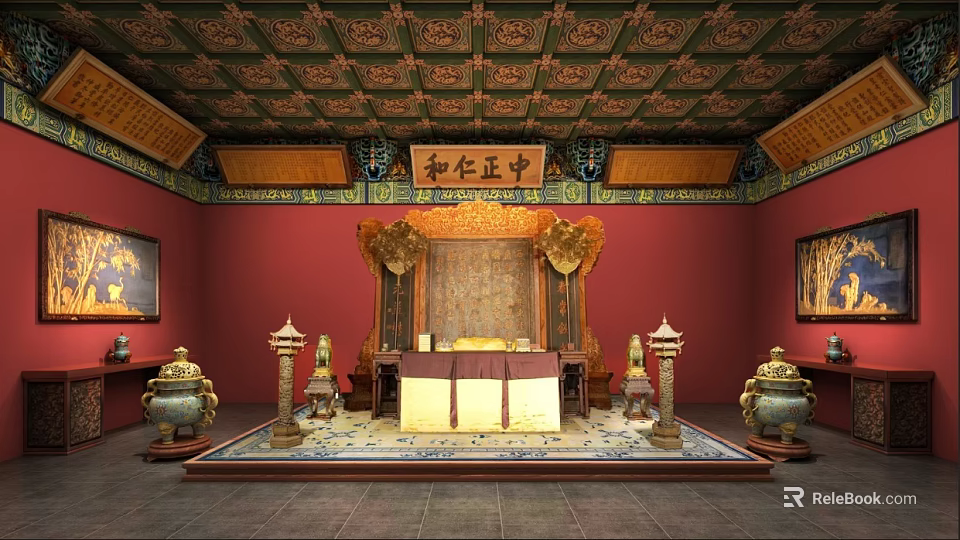 Ancient Chinese Architecture Interior Featuring Ornate Ceiling Red Walls Throne And Incense Burners 3d model 