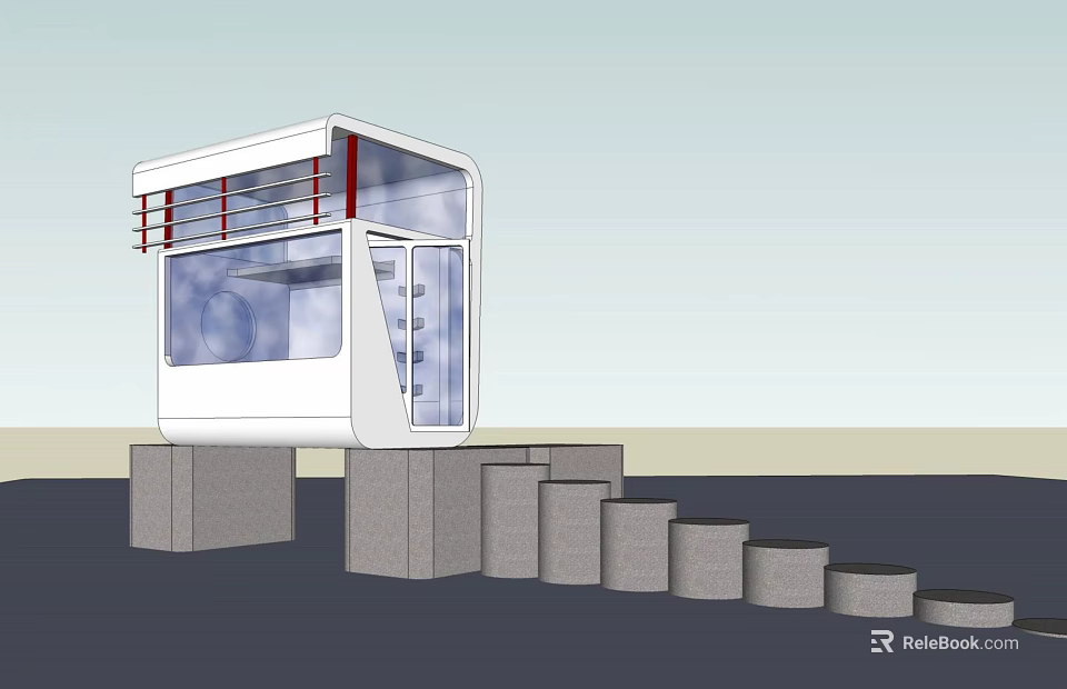 Modern White Structure With Red Railings Transparent Windows And Gray Steps 3d model 