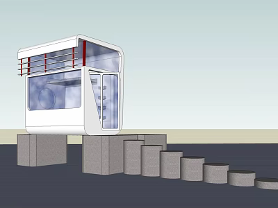 Modern White Structure With Red Railings Transparent Windows And Gray Steps 3d model