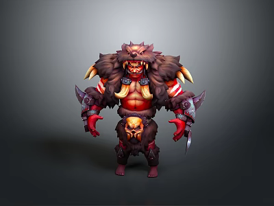 Fierce Muscular Orc Warrior With Brown Fur Red Decorations Skull Ornament Holding Weapons 3d model