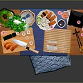 Traditional Japanese Sushi Table Setting with Fresh Ingredients Chopsticks and Lantern