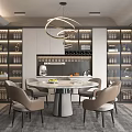 Elegant Modern Restaurant Interior With Round Dining Table Beige Chairs Pendant Lights And Wine Cabinets