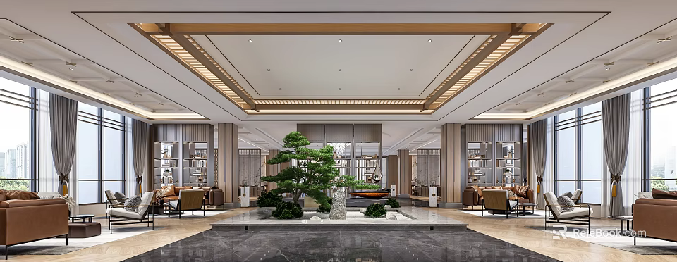 Elegant Modern Hotel Lobby Interior Design With Zen Garden Ceiling Lighting And Luxury Sofa Seating 3d model 