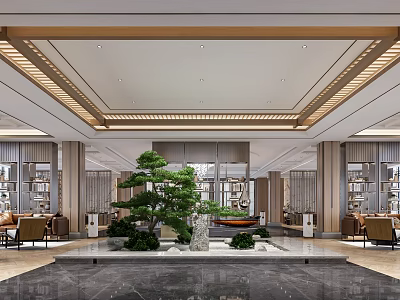 Elegant Modern Hotel Lobby Interior Design With Zen Garden Ceiling Lighting And Luxury Sofa Seating 3d model