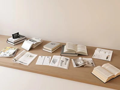 Open and Stacked Books With Magazines Arranged On Wooden Table Surface 3d model