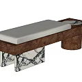 Contemporary Wooden Bench With Gray Cushion Marble Patterned And Cylindrical Supports