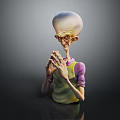 3D Alien Character With Large Head And Clasped Hands In Colorful Outfit
